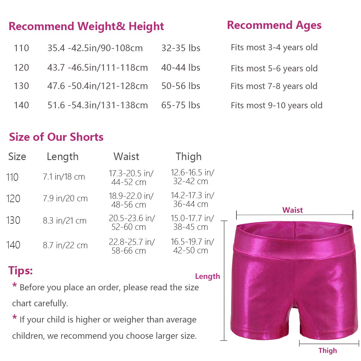 Girls Dance Short Gymnastics Athletic Shorts Sparkle Glitter Tumbling Bottoms (Rose red, 120)