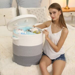 16" x 16" x 18" Extra Large Storage Basket with Lid, Cotton Rope Storage Baskets, Laundry Hamper, Cloth Bin, for Clothes Towels Blankets Pillows Storage in Living Room, Light Grey/Grey with Cover