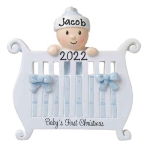 2023 New Baby in Crib Personalized Baby`s First Christmas Hanging Tree Ornament New Born Baby Gift-Free Personalized (Blue)