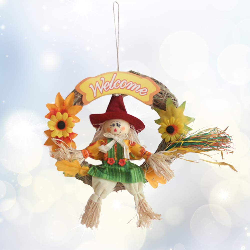 Scarecrow Wreath Hanging Scarecrow Ornament Scarecrow Garland Halloween Thanksgiving Decor Autumn Fall Harvest Decoration for Party Home Bar Garden(Small/Female)