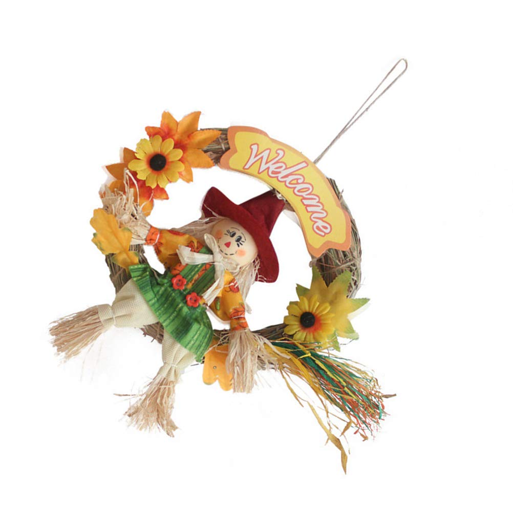 Scarecrow Wreath Hanging Scarecrow Ornament Scarecrow Garland Halloween Thanksgiving Decor Autumn Fall Harvest Decoration for Party Home Bar Garden(Small/Female)