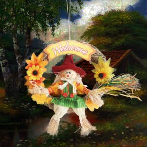 Scarecrow Wreath Hanging Scarecrow Ornament Scarecrow Garland Halloween Thanksgiving Decor Autumn Fall Harvest Decoration for Party Home Bar Garden(Small/Female)