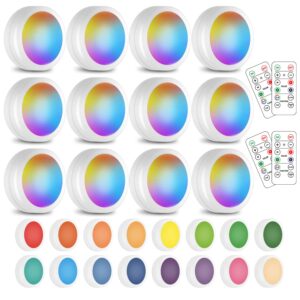 sixdefly wireless 16 color changing led puck light 12 pack led under cabinet lighting closet light battery powered night lights with remote control dimmer & timing function