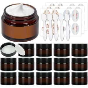 15 pack 1 oz empty amber glass jars, 30ml round refillable cosmetic container storage jars with inner liners and black lids,perfect travel jars for cosmetics,face cream lotion and more beauty products