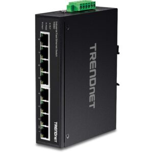 trendnet 8-port industrial unmanaged fast ethernet din-rail switch, ti-e80 8 x fast ethernet ports, 1.6gbps switching capacity, ip30 metal switch, lifetime protection, black