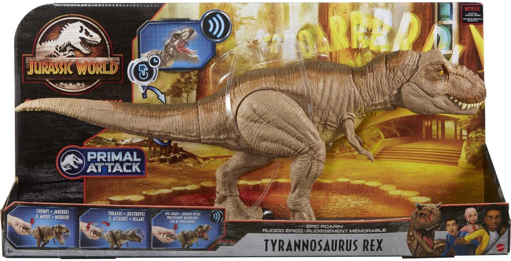 Mattel Jurassic World Epic Roarin’ Tyrannosaurus T Rex Large Action Figure, Primal Attack Feature & Sound, Realistic Shaking