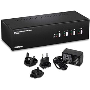 trendnet 4-port dual monitor displayport kvm switch with audio, 2-port usb 2.0 hub, 4k uhd resolution up to 3840 x 2160, connect 4 displayport monitors, dual monitor 4 port kvm switch, black, tk-440dp