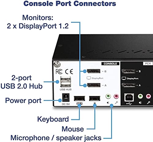 TRENDnet 4-Port Dual Monitor DisplayPort KVM Switch With Audio, 2-Port USB 2.0 Hub, 4K UHD Resolution Up To 3840 x 2160, Connect 4 DisplayPort Monitors, Dual Monitor 4 Port KVM Switch, Black, TK-440DP