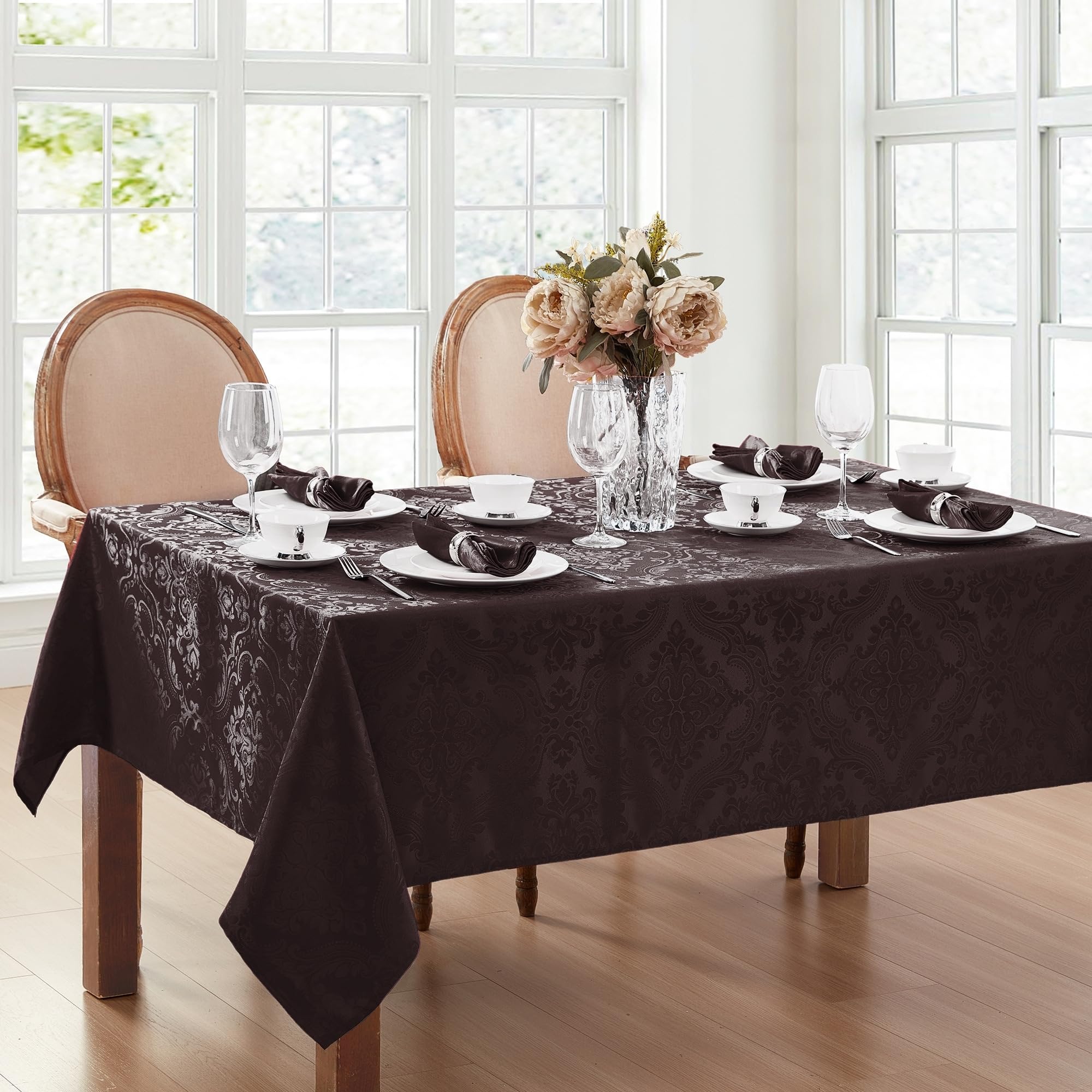 Elrene Home Fashions Caiden Elegance Damask Fabric Tablecloth, 60" x 144" Oblong/Rectangle, Black