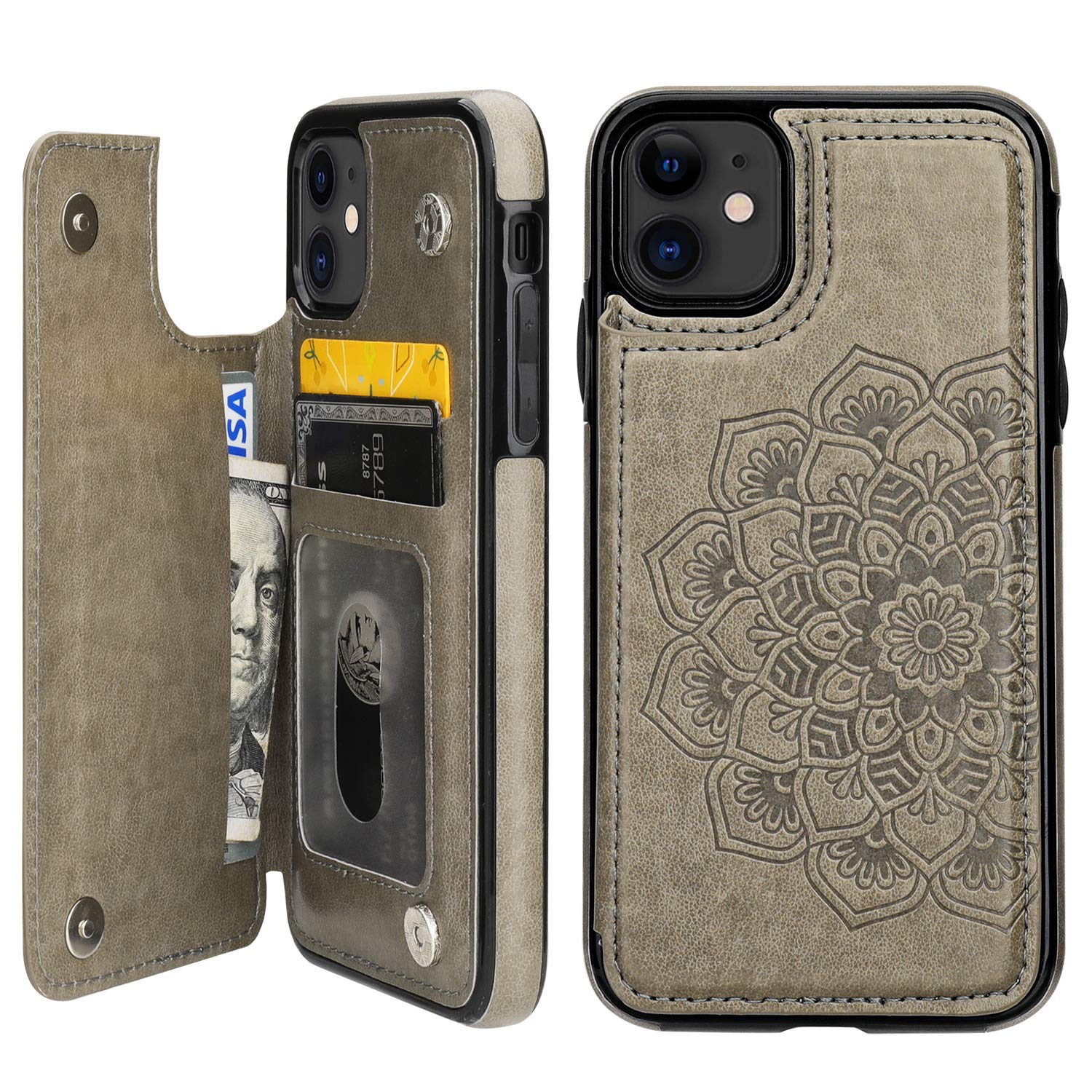 iPhone 11 Case Wallet with Card Holder, Vaburs Embossed Mandala Pattern Flower Premium PU Leather Double Magnetic Buttons Flip Shockproof Protective Cover for iPhone 11 (6.1 Inch,Gray)