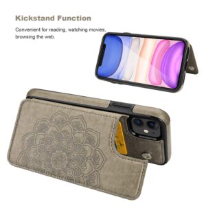 iPhone 11 Case Wallet with Card Holder, Vaburs Embossed Mandala Pattern Flower Premium PU Leather Double Magnetic Buttons Flip Shockproof Protective Cover for iPhone 11 (6.1 Inch,Gray)