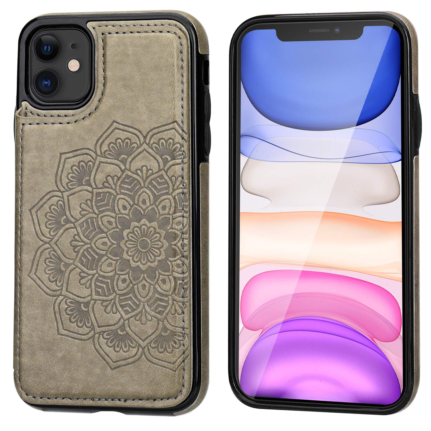 iPhone 11 Case Wallet with Card Holder, Vaburs Embossed Mandala Pattern Flower Premium PU Leather Double Magnetic Buttons Flip Shockproof Protective Cover for iPhone 11 (6.1 Inch,Gray)