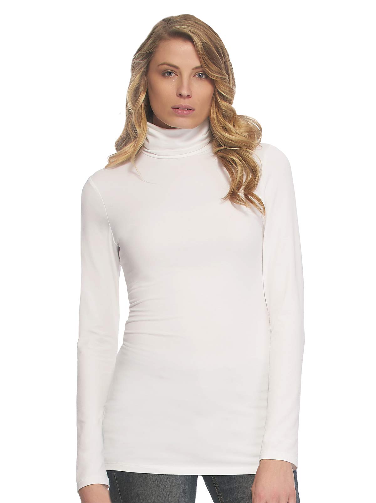 Felina Long Sleeve Cotton Modal Ladies Turtleneck (White, Medium) - Base Layer Women Cold Weather Turtleneck - Soft Womens Turtleneck - Layering Cotton Turtleneck for Women