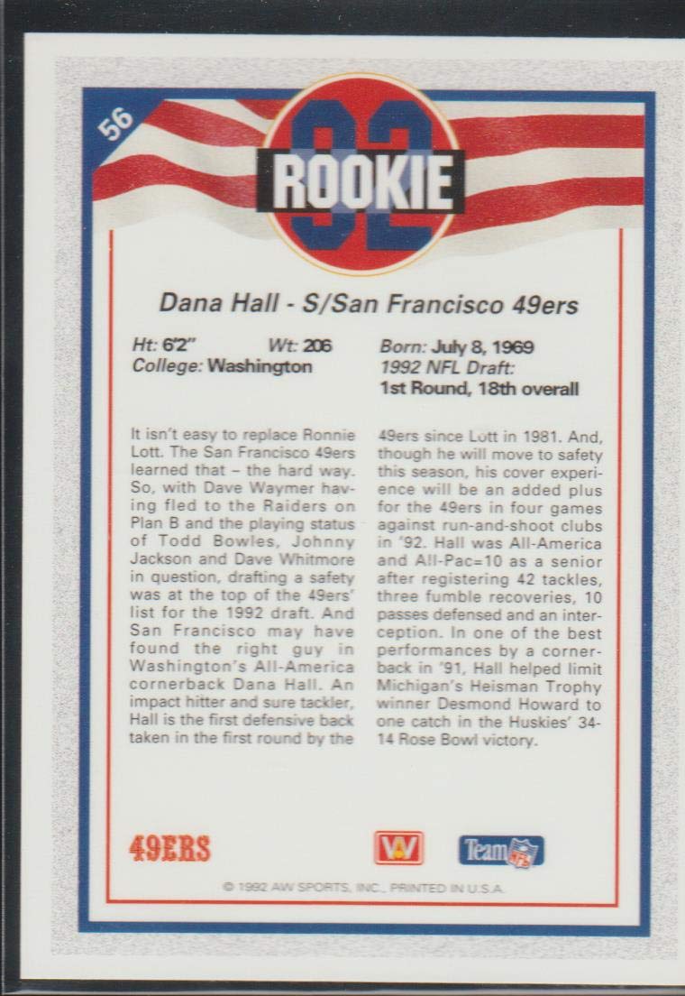 1992 AW Sports Dana Hall 49ers Rookie Football Card #56