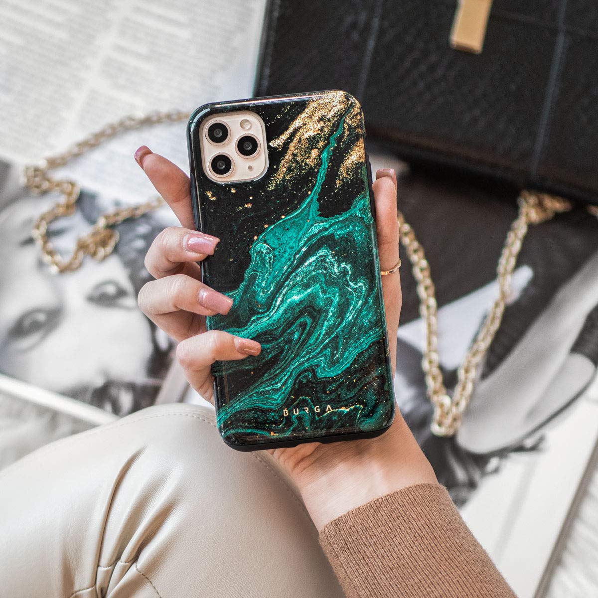 BURGA Phone Case Compatible with iPhone X/XS - Hybrid 2-Layer Hard Shell + Silicone Protective Case -Emerald Green Jade Stone High Luxury Gold Glitter Marble - Scratch-Resistant Shockproof Cover