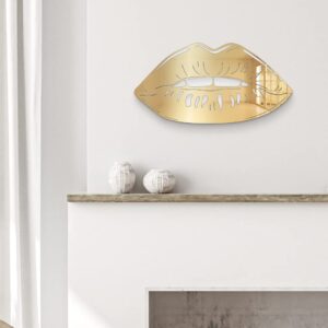 mirror lips 3d wall art - ready to hang acrylic wall decorations for bedrooms, dorms, living rooms & more - hand assembled & made in the usa - modern home decor (16"w x 8"t, gold)