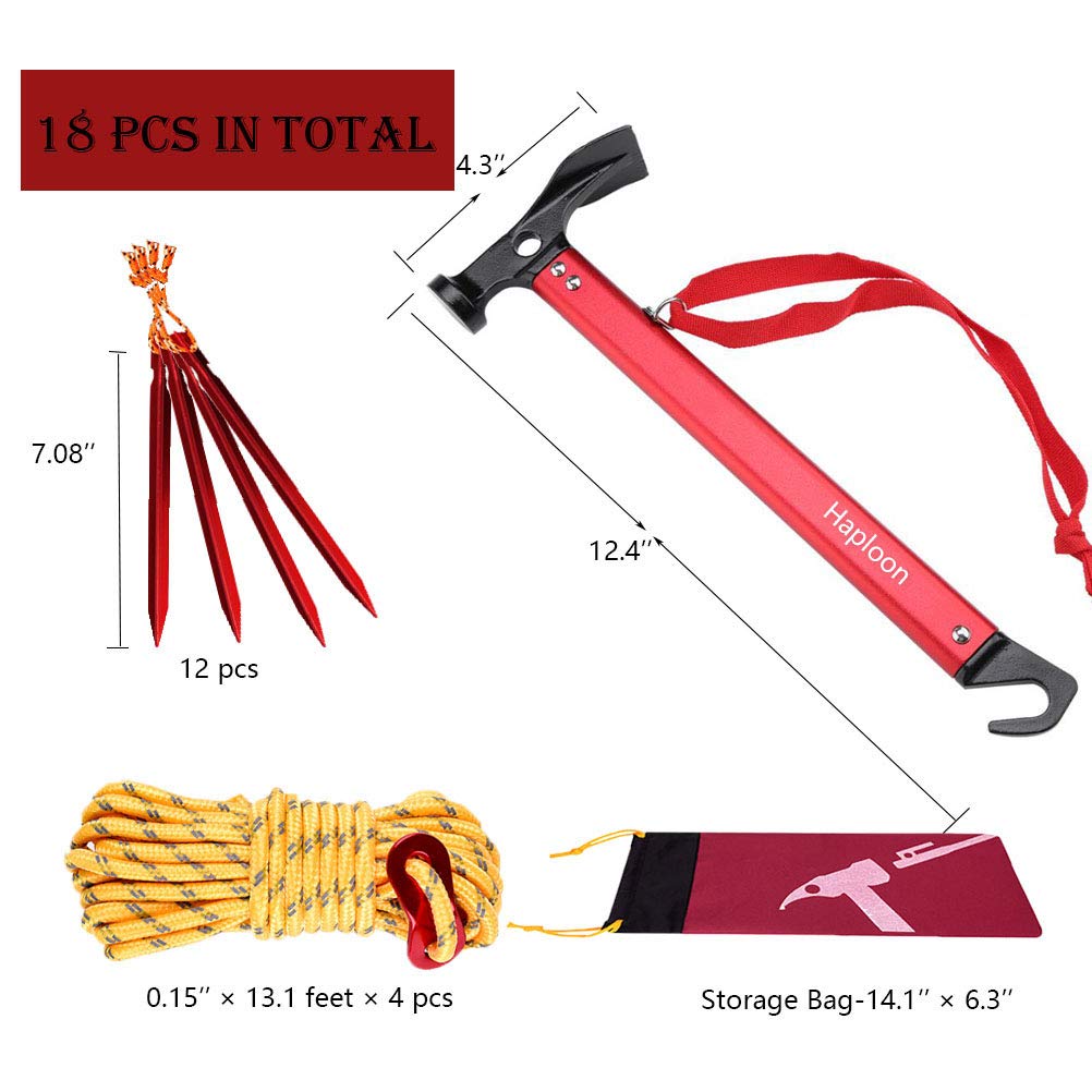 Haploon Camping Accessories Kit, Aluminum Tent Mallet Stake Hammer with Metal Tent Pegs, Nylon Guyline Rope 4x13ft with Cord Adjuster, Tent Accessories for Camping, Hiking, Backpacking