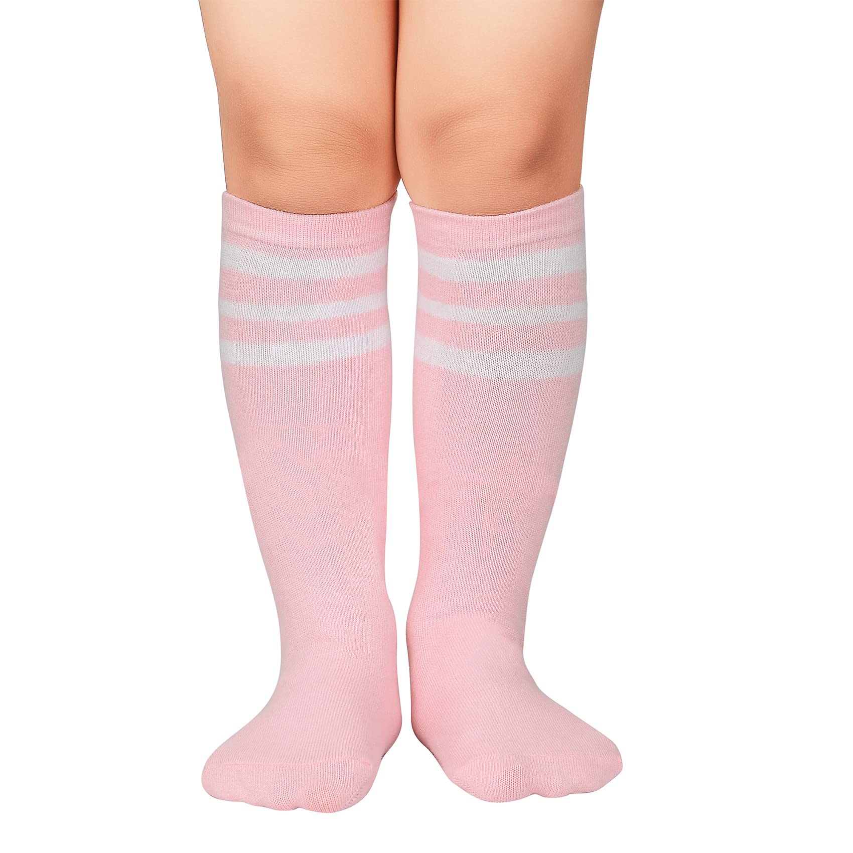 Durio Kids Soccer Socks Cotton Sports Socks Knee High Tube Socks for Boys and Girls Pink w White