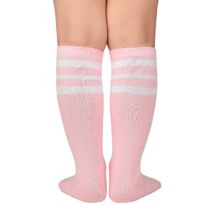 Durio Kids Soccer Socks Cotton Sports Socks Knee High Tube Socks for Boys and Girls Pink w White