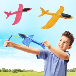 DC-BEAUTIFUL 3 Pack Upgrade 13.6" Airplane Toys, Throwing Plane 2 Flight Modes, Throwing Foam Airplanes with Rubber String Launch, Outdoor Sport Toy Party Favor Birthday Gift for Kids