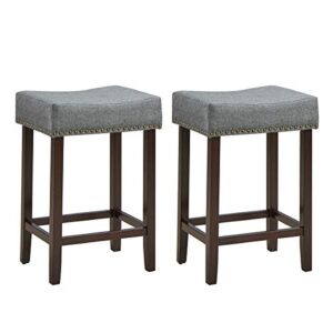 costway saddle stools set of 2, 24-inch counter height backless stools with brass nailhead trim, solid wood legs, foot rest, max load 264 lbs, upholstered bar chair for kitchen island pub, grey