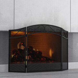 fire beauty fireplace screen for wood burning fireplace foldable 3 panel wrought iron fireplace cover with protective mesh fire spark guard for indoor outdoor flat guard fire screens black(large)