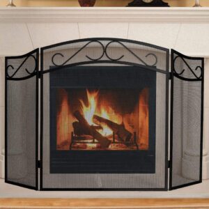 Fire Beauty Fireplace Screen for Wood Burning Fireplace Foldable 3 Panel Wrought Iron Fireplace Cover with Protective Mesh Fire Spark Guard for Indoor Outdoor Flat Guard Fire Screens Black(Large)