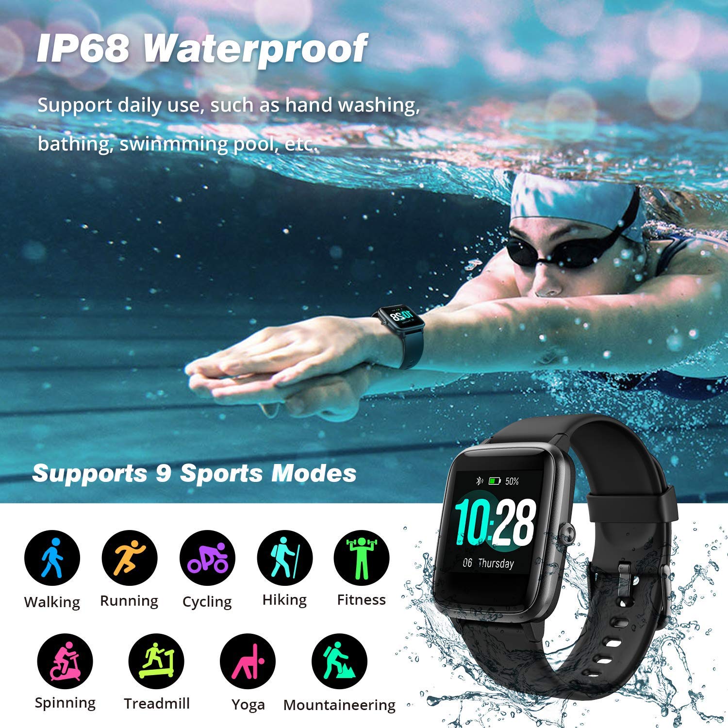 Fitpolo Smart Watch for Men Women Android Phones iPhone Compatible,Color Touchscreen Fitness Tracker with Heart Rate Monitor Bluetooth Call IP68 Waterproof Step Counter Sleep Calorie Tracking