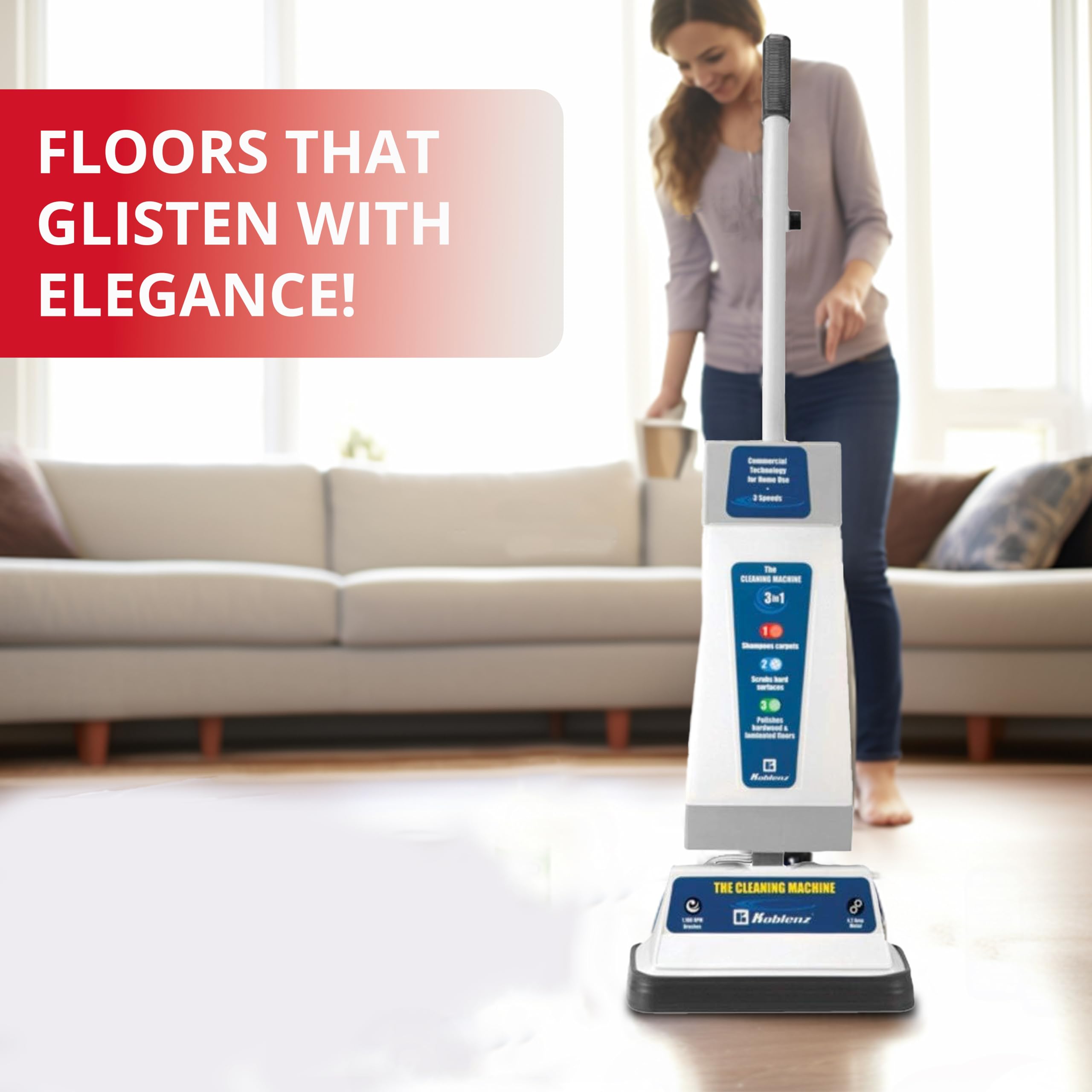 Koblenz Shampooer and Polisher, Floor Shampooer and Polisher, Hard Floor Cleaner, Carpet Cleaning Machine with Scrubbing Brushes, Polishing Pads, and Carpet Shampoo, 3 Speeds, Blue/Gray (P-820 BA)