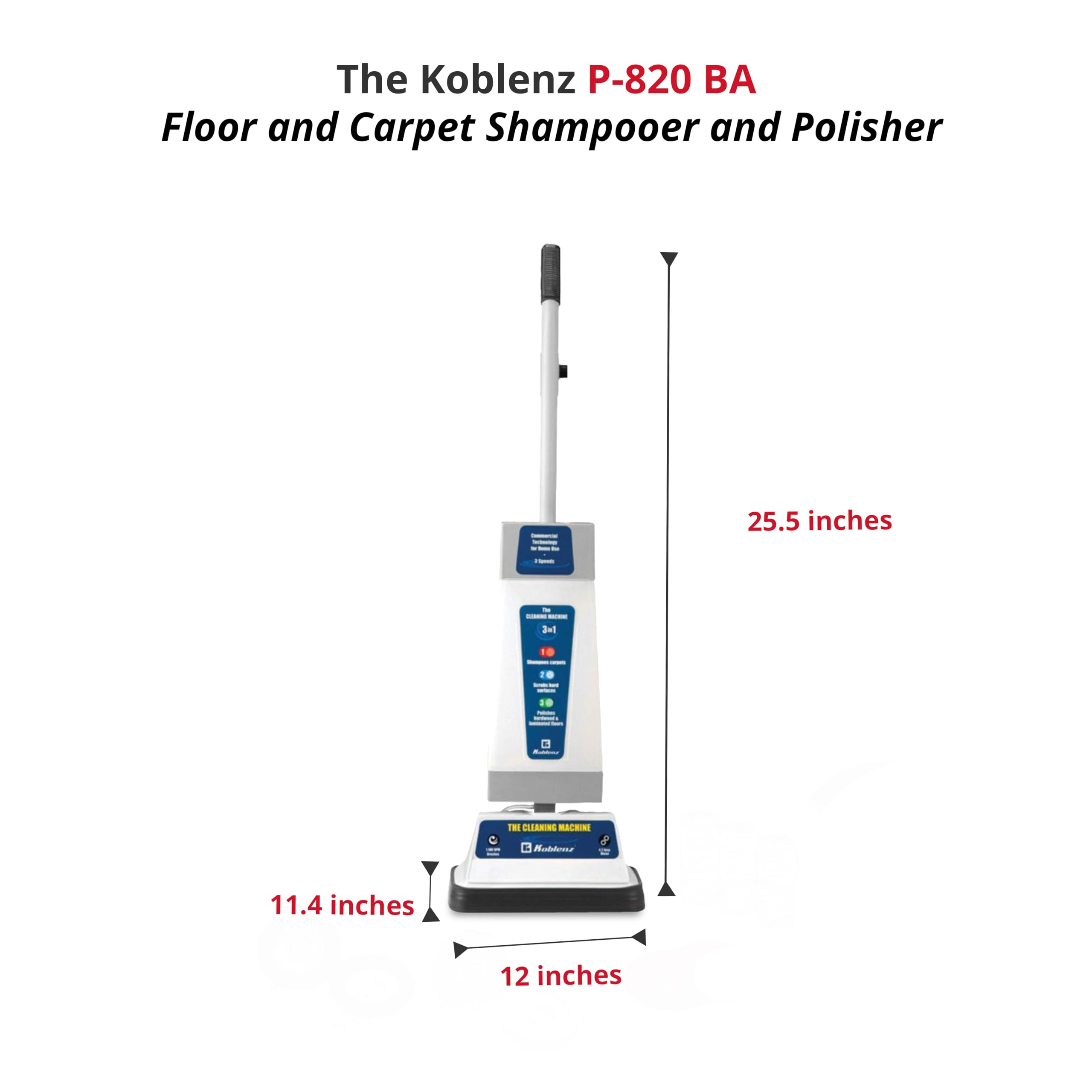 Koblenz Shampooer and Polisher, Floor Shampooer and Polisher, Hard Floor Cleaner, Carpet Cleaning Machine with Scrubbing Brushes, Polishing Pads, and Carpet Shampoo, 3 Speeds, Blue/Gray (P-820 BA)