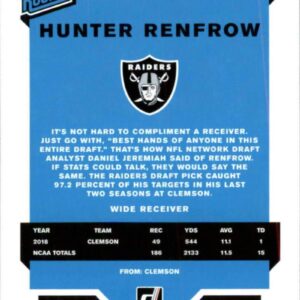 2019 Donruss Football #340 Hunter Renfrow RC Rookie Oakland Raiders RR Official Panini NFL Trading Card