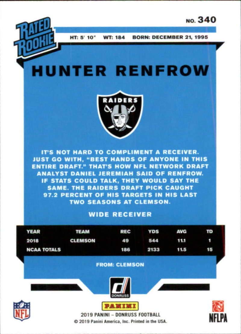 2019 Donruss Football #340 Hunter Renfrow RC Rookie Oakland Raiders RR Official Panini NFL Trading Card