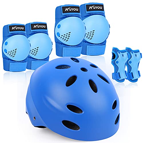 Kid's Protective Gear Set,Roller Skating Skateboard BMX Scooter Cycling Protective Gear Pads (Knee Pads+Elbow Pads+Wrist Pads+ Helmet) (Blue)