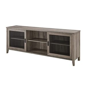 walker edison farmhouse sliding mesh barn door 70" industrial tv stand console in rustic grey wash