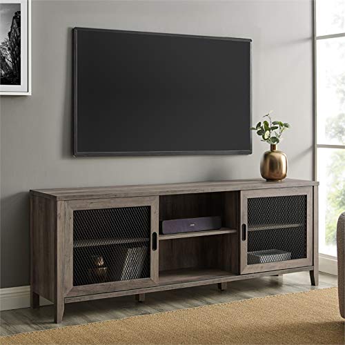 Walker Edison Farmhouse Sliding Mesh Barn Door 70" Industrial TV Stand Console in Rustic Grey Wash