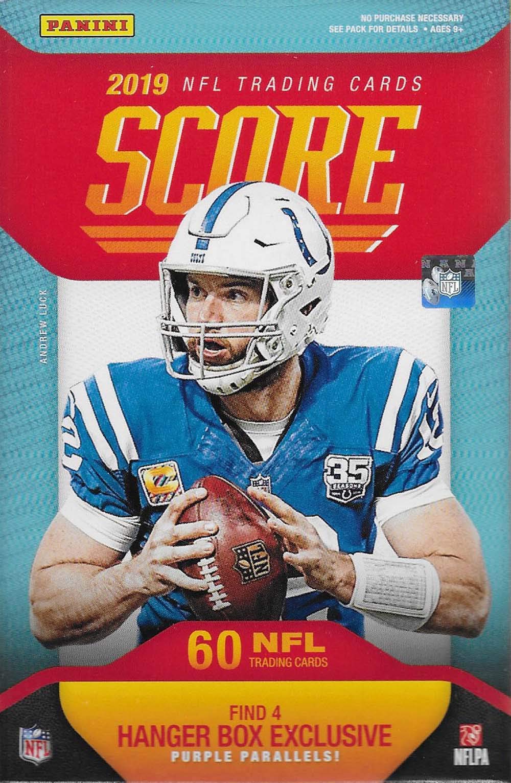 2019 Score Football Factory Sealed Hanger Box with 60 Cards including 4 Exclusive Purple Parallels and 12 Rookie Cards in each Box and Chance For Autographs of Kyler Murray and Daniel Jones Plus