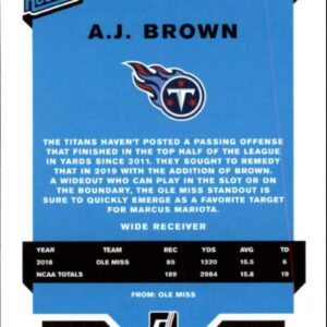 2019 Donruss #314 A.J. Brown Tennessee Titans RR (Rated Rookie) NFL Football Card (RC - Rookie Card) NM-MT