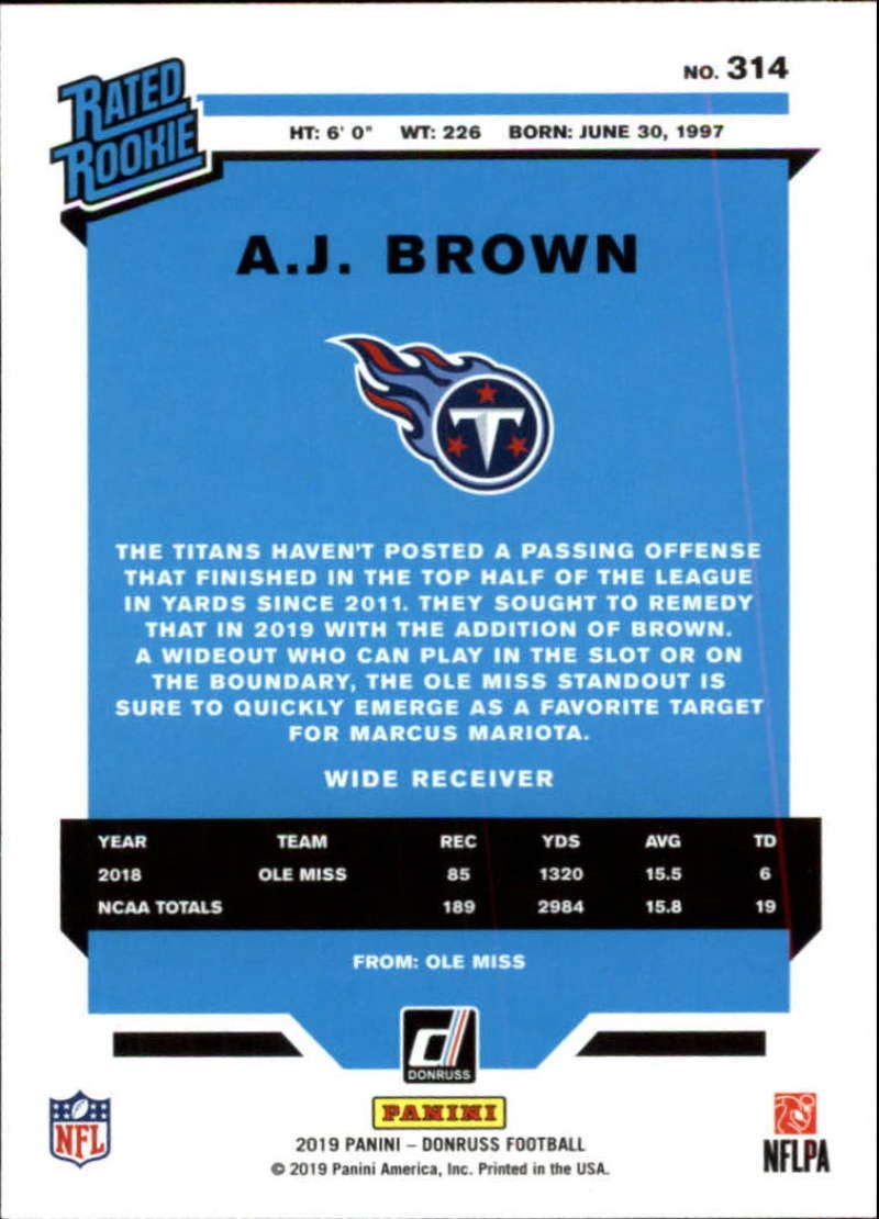 2019 Donruss #314 A.J. Brown Tennessee Titans RR (Rated Rookie) NFL Football Card (RC - Rookie Card) NM-MT