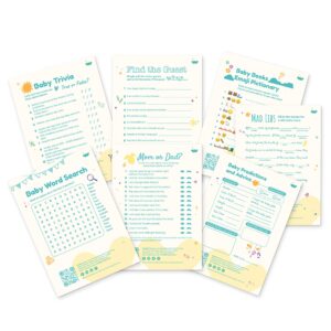 wunder - baby shower game set with 6 games, 30 card packs and variety of fun activities, mommy or daddy, predictions & advice, trivia, word search, find guest, emoji & bonus mad lib