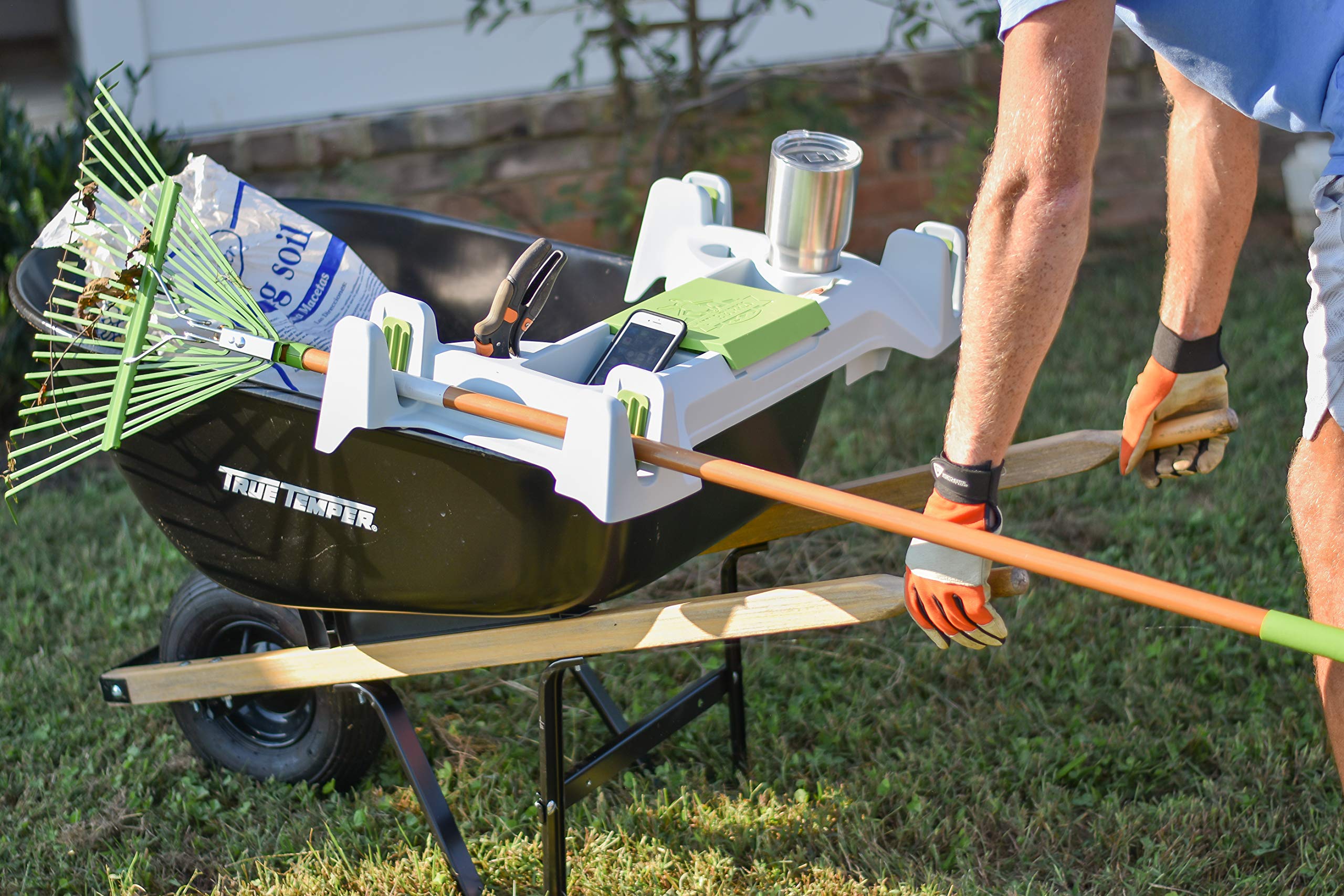 The Burro Buddy, USA Made Lawn/Garden Tray for All 4-6 cu. ft. wheelbarrows. Holds rake, Shovel, Short Handle Tools, Drinks & Water Tight Storage for Phone. Wheelbarrow not Included. Great Gift!