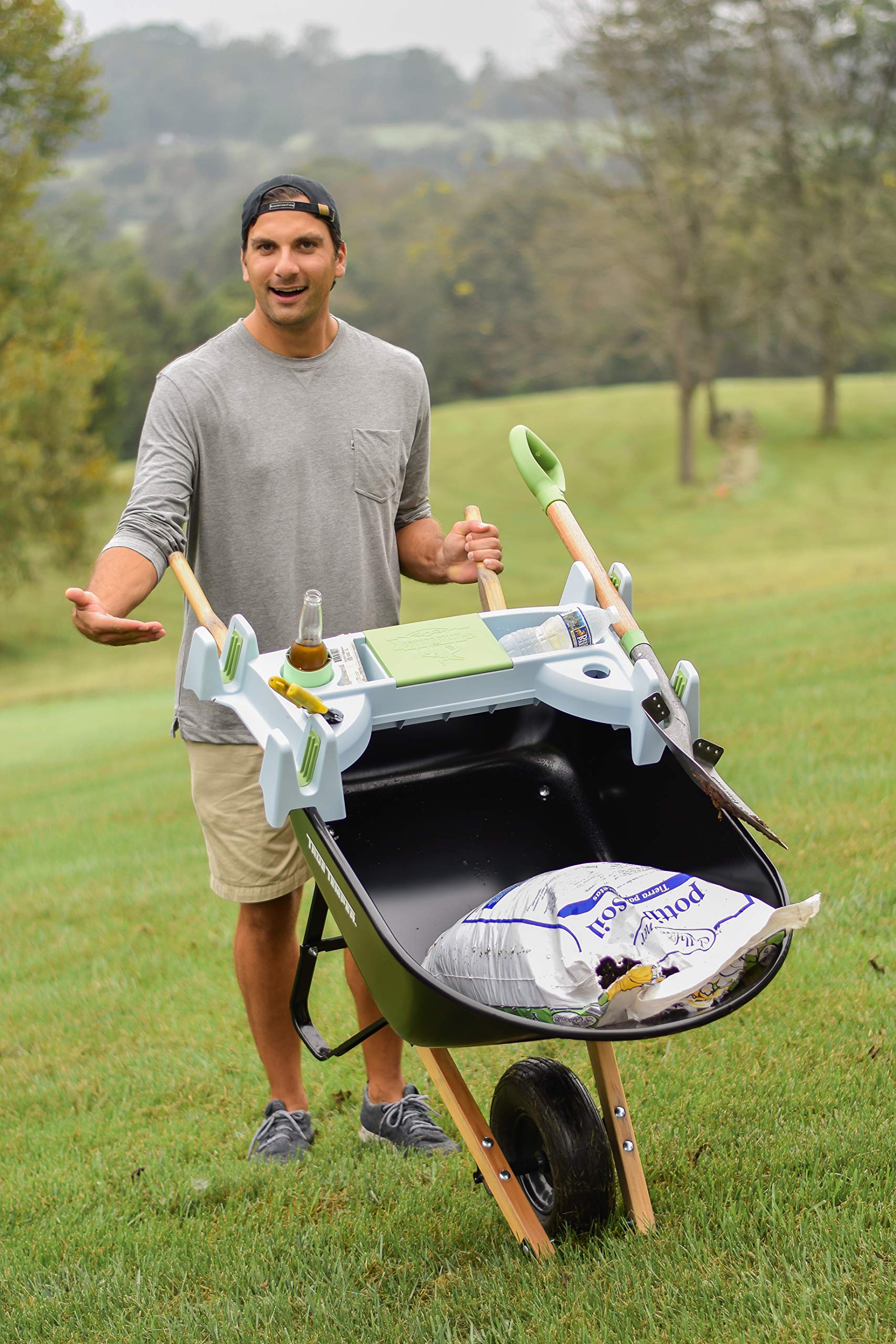 The Burro Buddy, USA Made Lawn/Garden Tray for All 4-6 cu. ft. wheelbarrows. Holds rake, Shovel, Short Handle Tools, Drinks & Water Tight Storage for Phone. Wheelbarrow not Included. Great Gift!