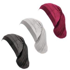 unisex spandex satin dreadlocks & braids cap 3 packed,night sleeping head covers for women men (wine+grey+black)