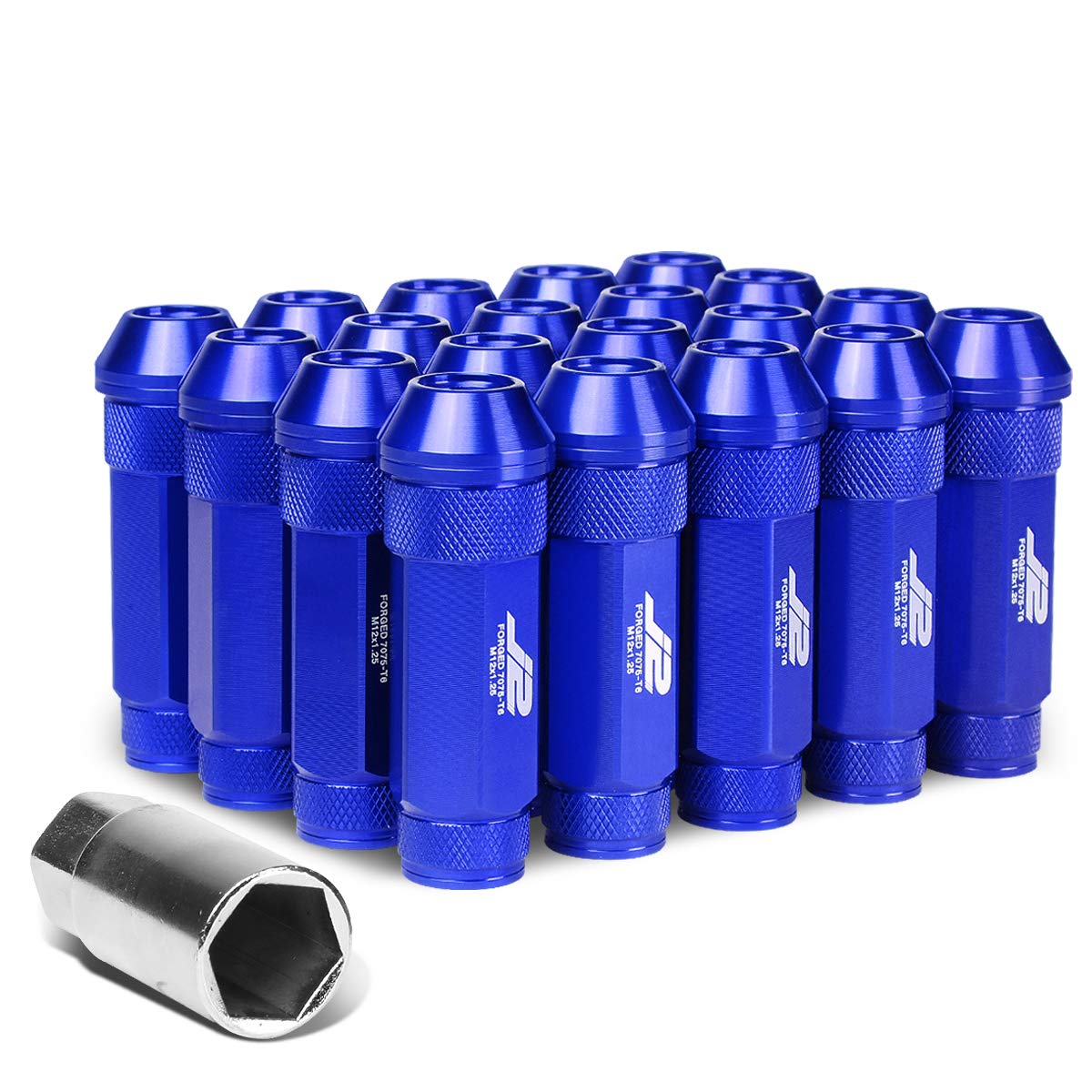 J2 Engineering 20Pcs M12 x 1.25 7075-T6 Aluminum 70mm Open-End Lug Nut w/Socket Adapter (Blue)