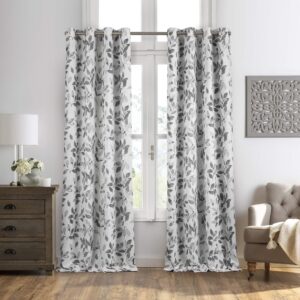 elrene home fashions avalon modern cottage nature-inspired botanical floral leaf print blackout linen blend window curtain, 52 in x 84 in (1 panel), grey