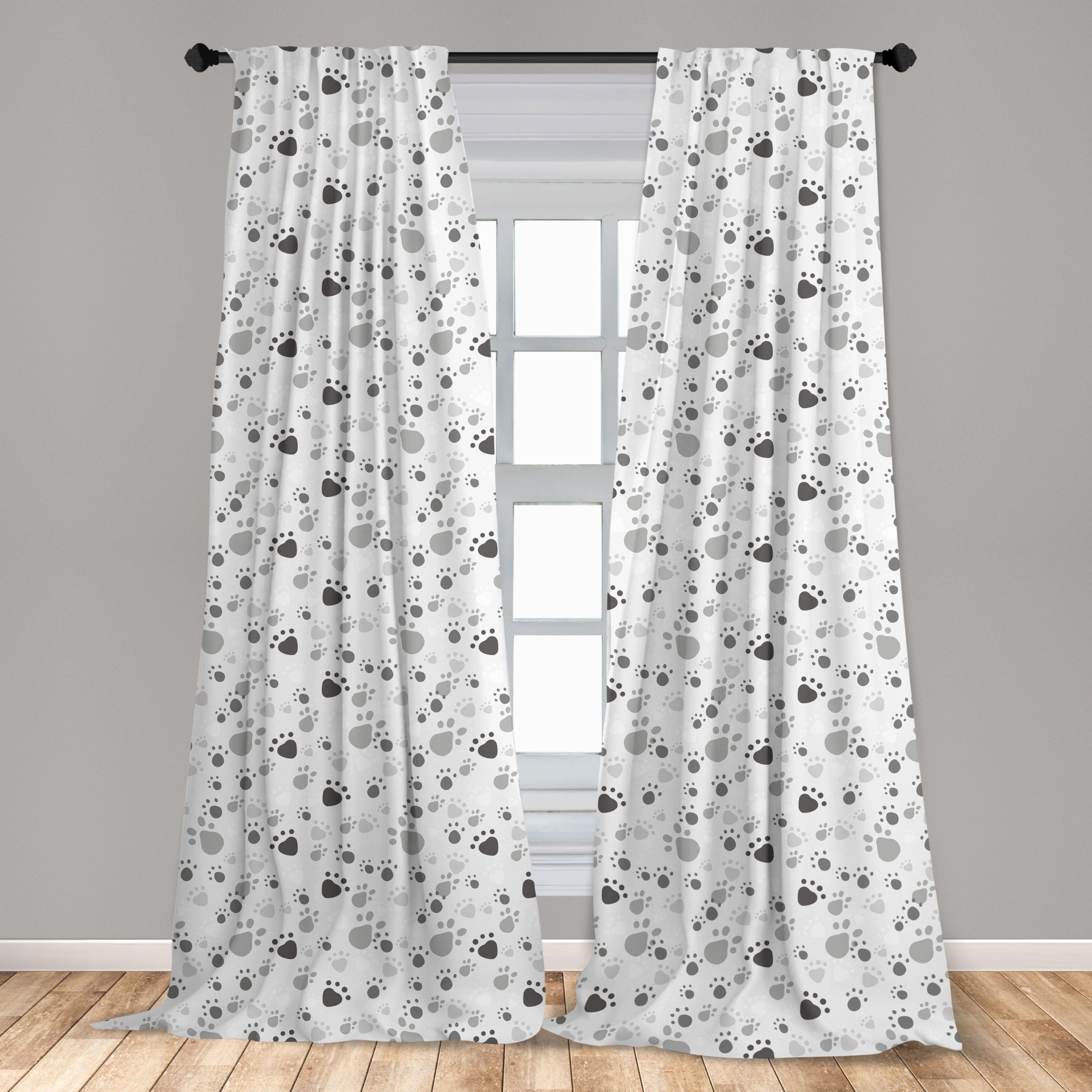 Lunarable Grey Curtains, Pattern with Random Footprints Paw Traces Pet Legs Friendly Cats and Dogs, Window Treatments 2 Panel Set for Living Room Bedroom, Pair of - 28" x 84", Charcoal Grey