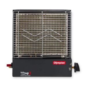 camco olympian rv wave-3 lp gas catalytic safety heater, adjustable 1600 to 3000 btu, warms 130 square feet of space, portable and wall mountable