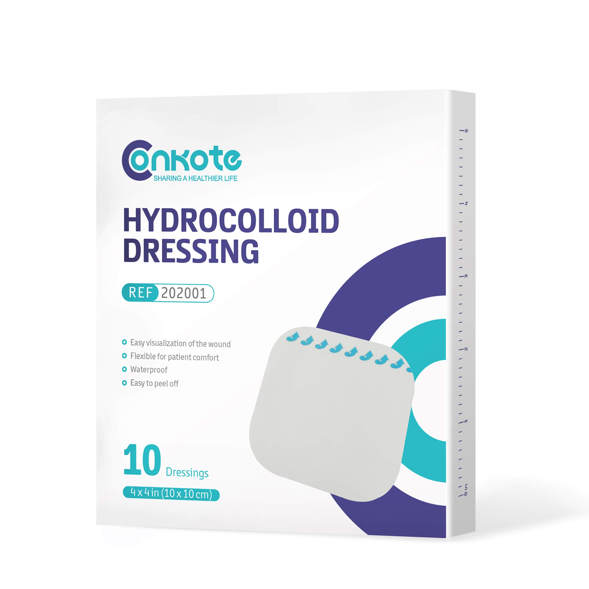 Conkote Hydrocolloid Wound Dressing 4”x 4”, Sterile Adhesive Patches, Box of 10 Dressings