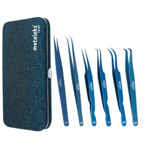 6pcs eyelash extension tweezers sets made of japanese stainless steel (glitter blue rexion pouch)