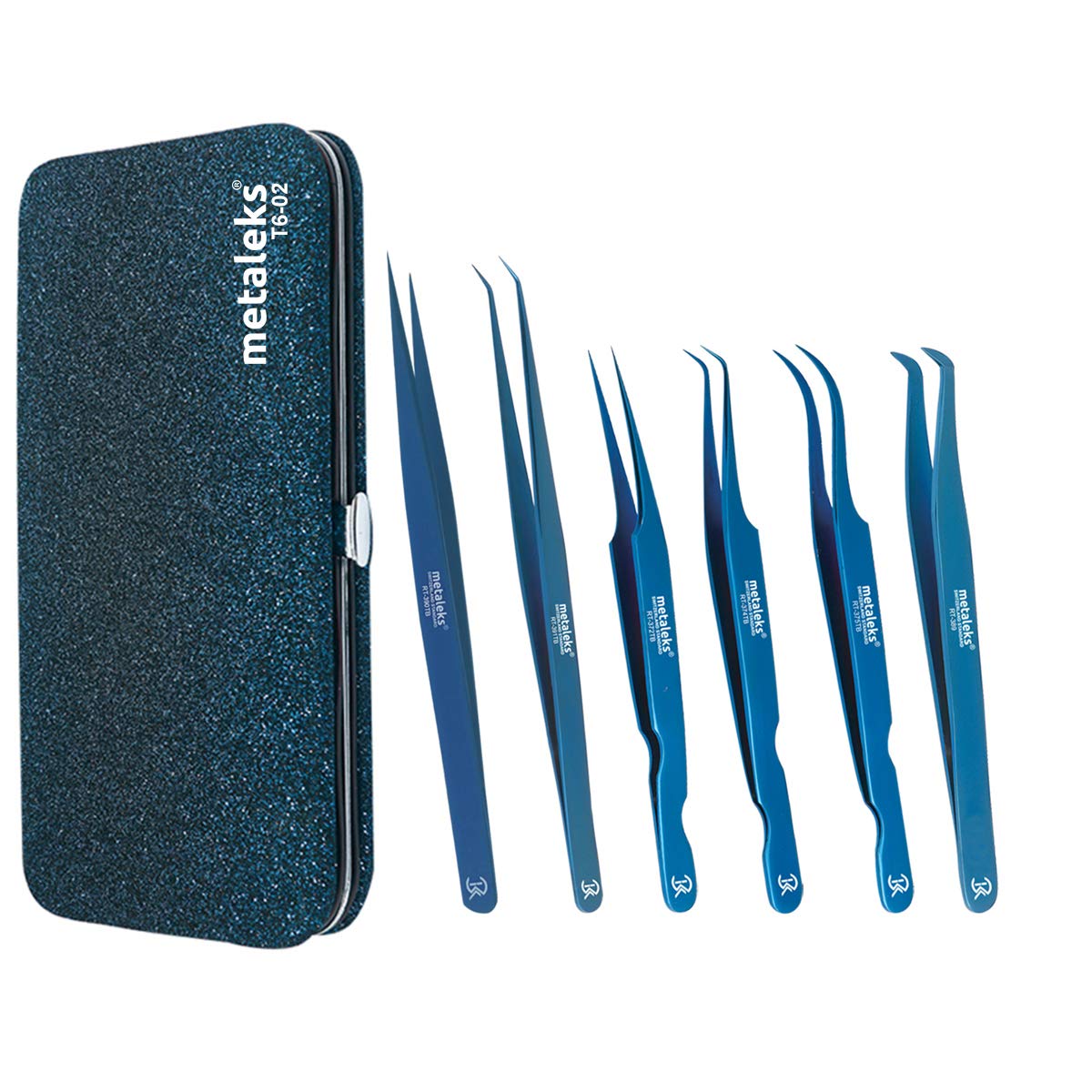 6PCS Eyelash Extension Tweezers Sets Made of Japanese Stainless Steel (Glitter Blue Rexion Pouch)