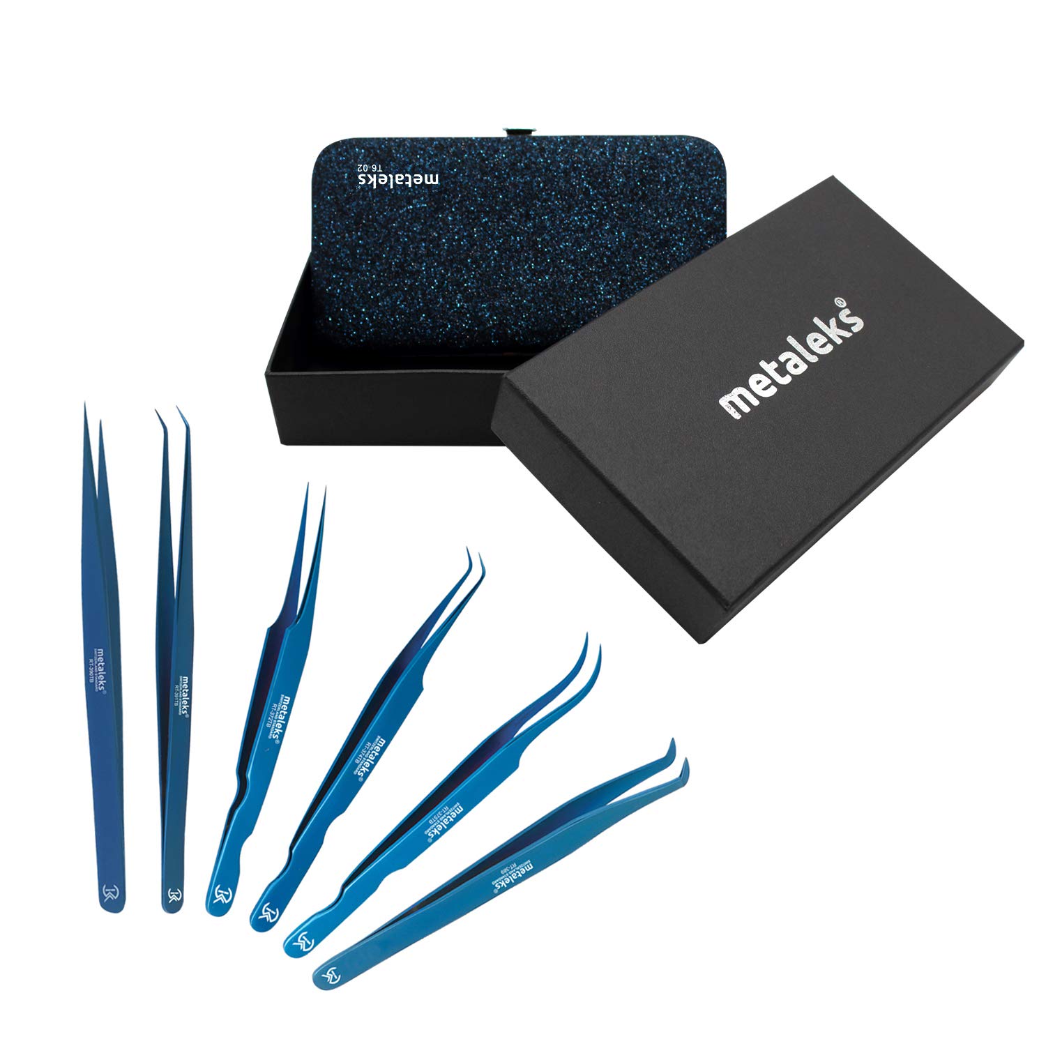 6PCS Eyelash Extension Tweezers Sets Made of Japanese Stainless Steel (Glitter Blue Rexion Pouch)